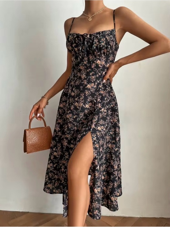 SHEIN Dresses & Skirts - SHEIN Black Floral Midi Dress with Blush Accents